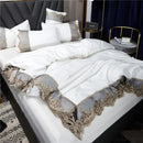 Conjunto Roupa de Cama com Renda Estilo Realeza em Seda Lavada
