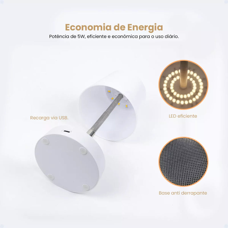Luminária De Mesa Sem Fio Recarregável Retrátil Em Aço Luz em Led Branco Quente Ajustável