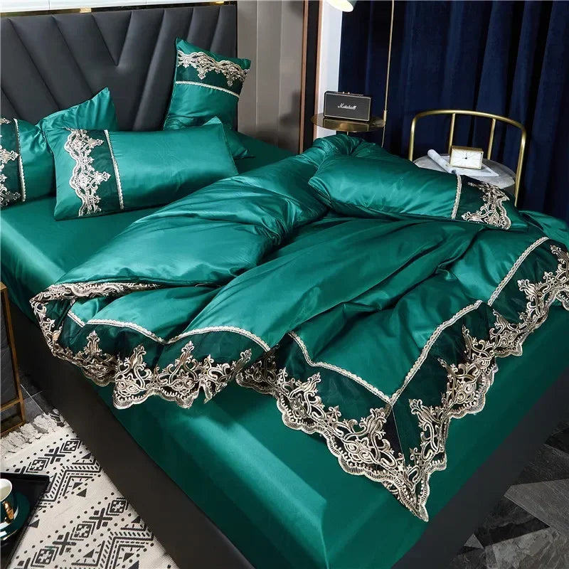 Conjunto Roupa de Cama com Renda Estilo Realeza em Seda Lavada