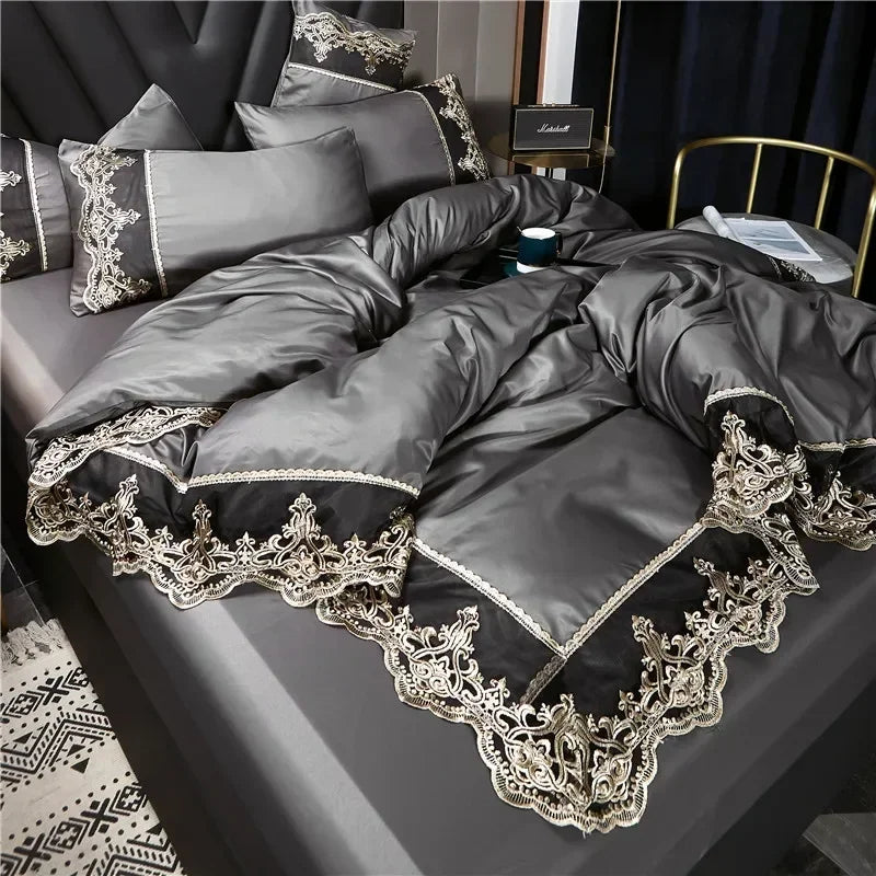 Conjunto Roupa de Cama com Renda Estilo Realeza em Seda Lavada
