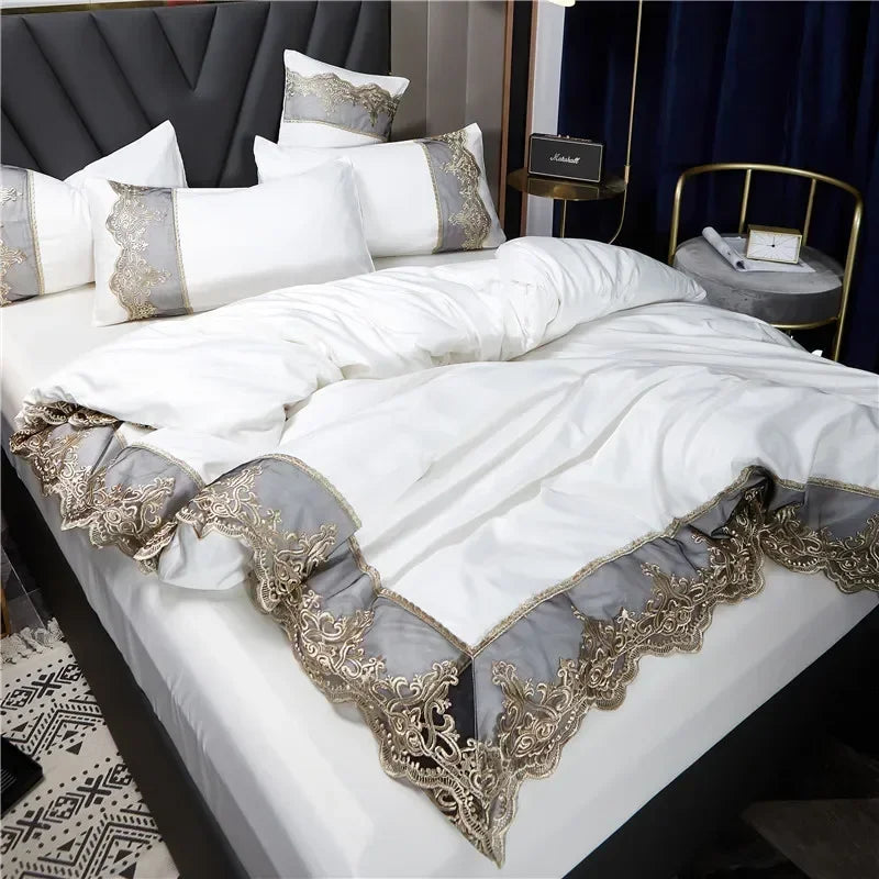 Conjunto Roupa de Cama com Renda Estilo Realeza em Seda Lavada