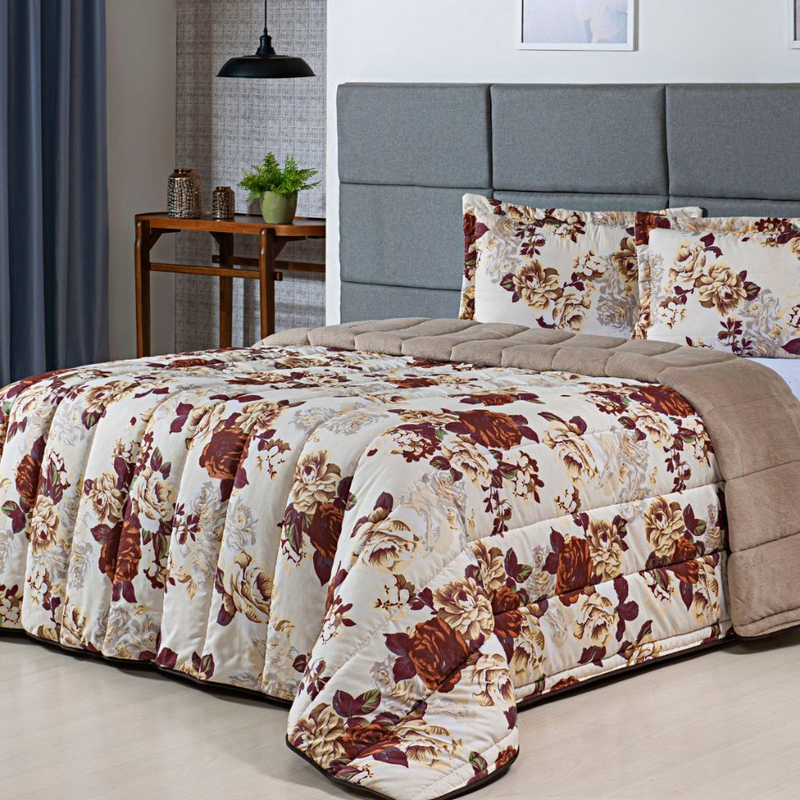 Kit Coberdrom Estampado Queen Size Dupla Face 03 Peças