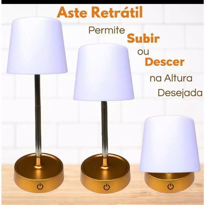 Luminária De Mesa Sem Fio Recarregável Retrátil Em Aço Luz em Led Branco Quente Ajustável