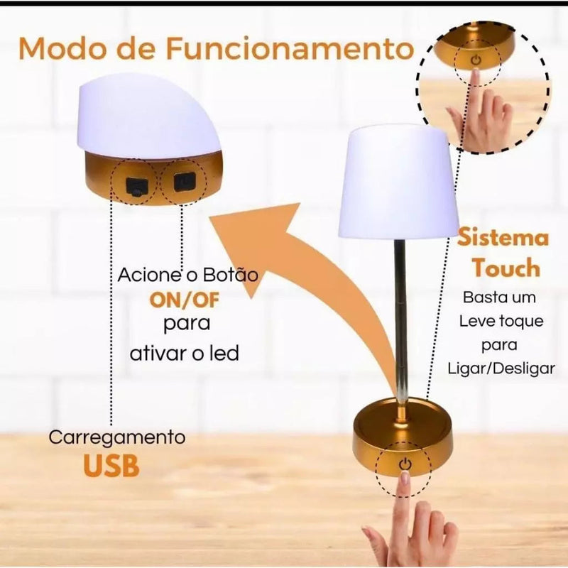 Luminária De Mesa Sem Fio Recarregável Retrátil Em Aço Luz em Led Branco Quente Ajustável