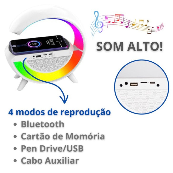 Caixa De Som Led Luminária Bluetooth Alto Falante Carregador Sem Fio